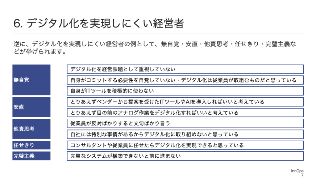 逆に、デジタル化を実現しにくい経営者の例として、無自覚・安直・他責思考・任せきり・完璧主義などが挙げられます。